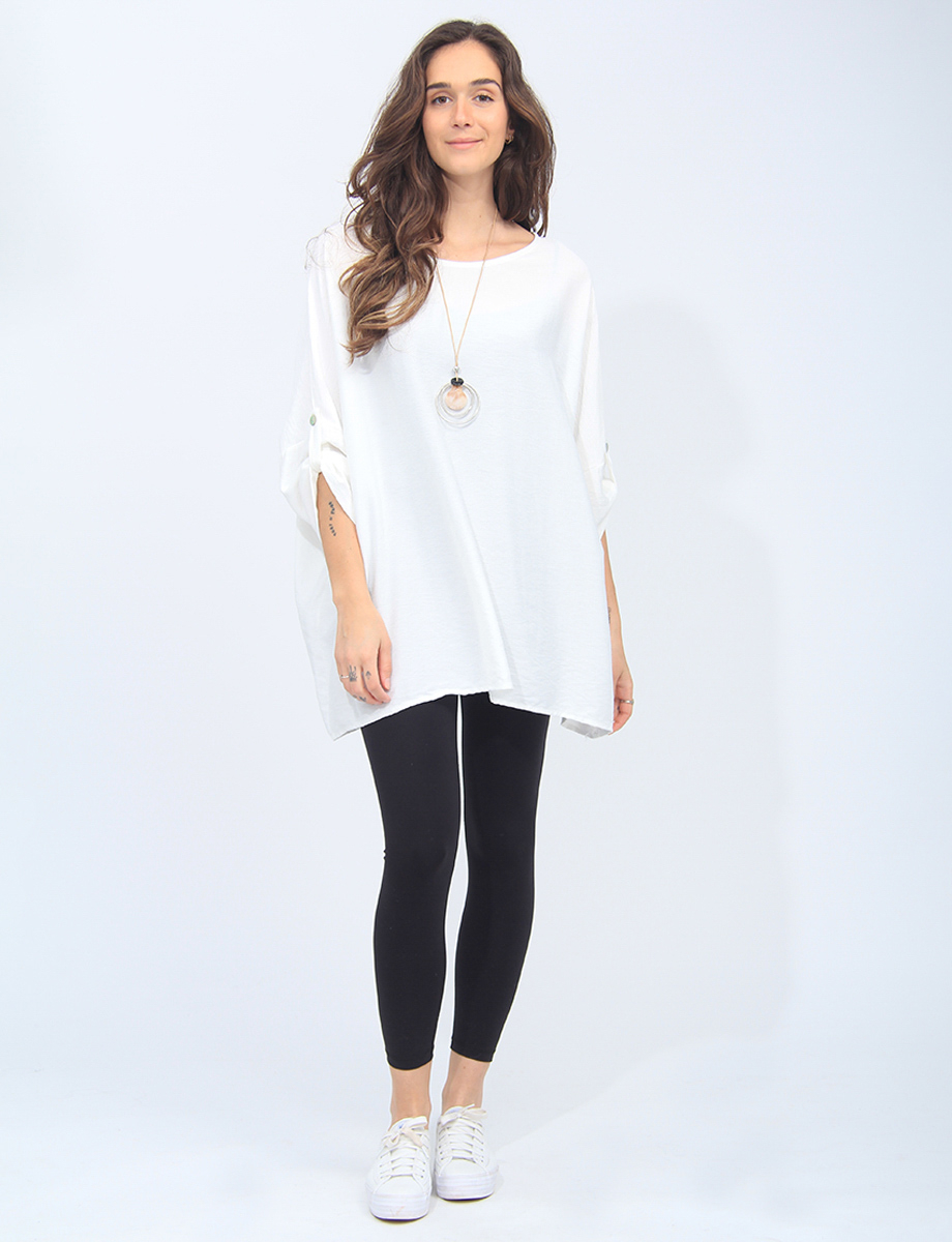 Solid, Flowy Italian Blouse With Adjustable Sleeves And Necklace By Froccella