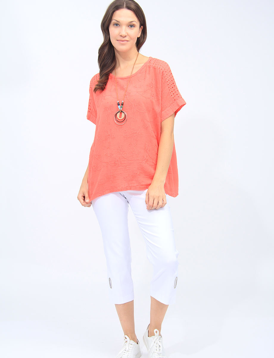 Embroidered Floral Cotton Perforated Shoulder Tunic With Necklace By Froccella