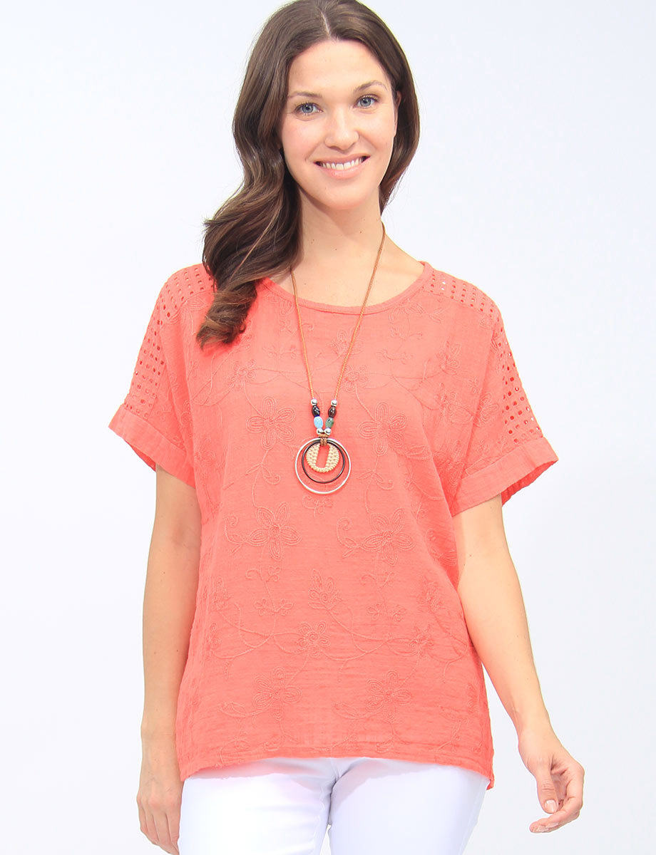 Embroidered Floral Cotton Perforated Shoulder Tunic With Necklace By Froccella