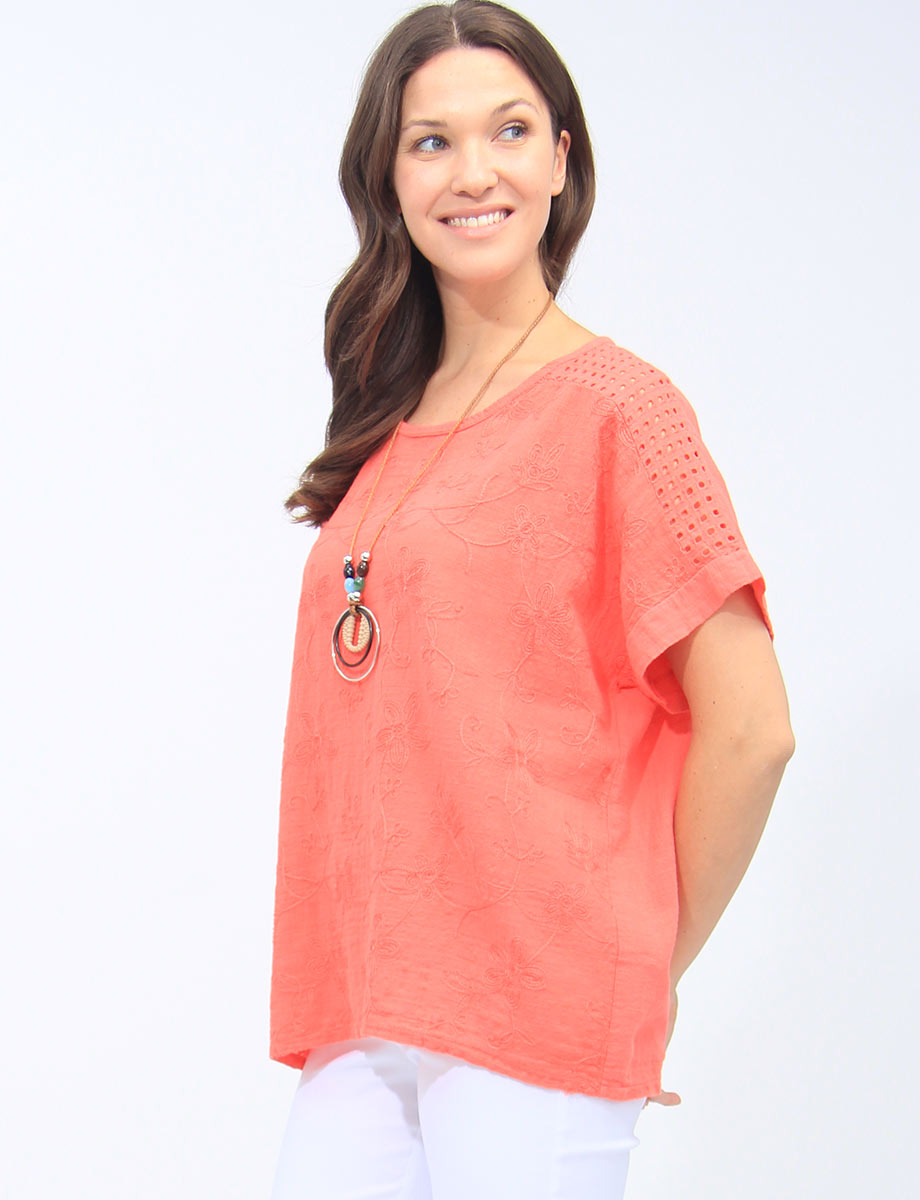 Embroidered Floral Cotton Perforated Shoulder Tunic With Necklace By Froccella