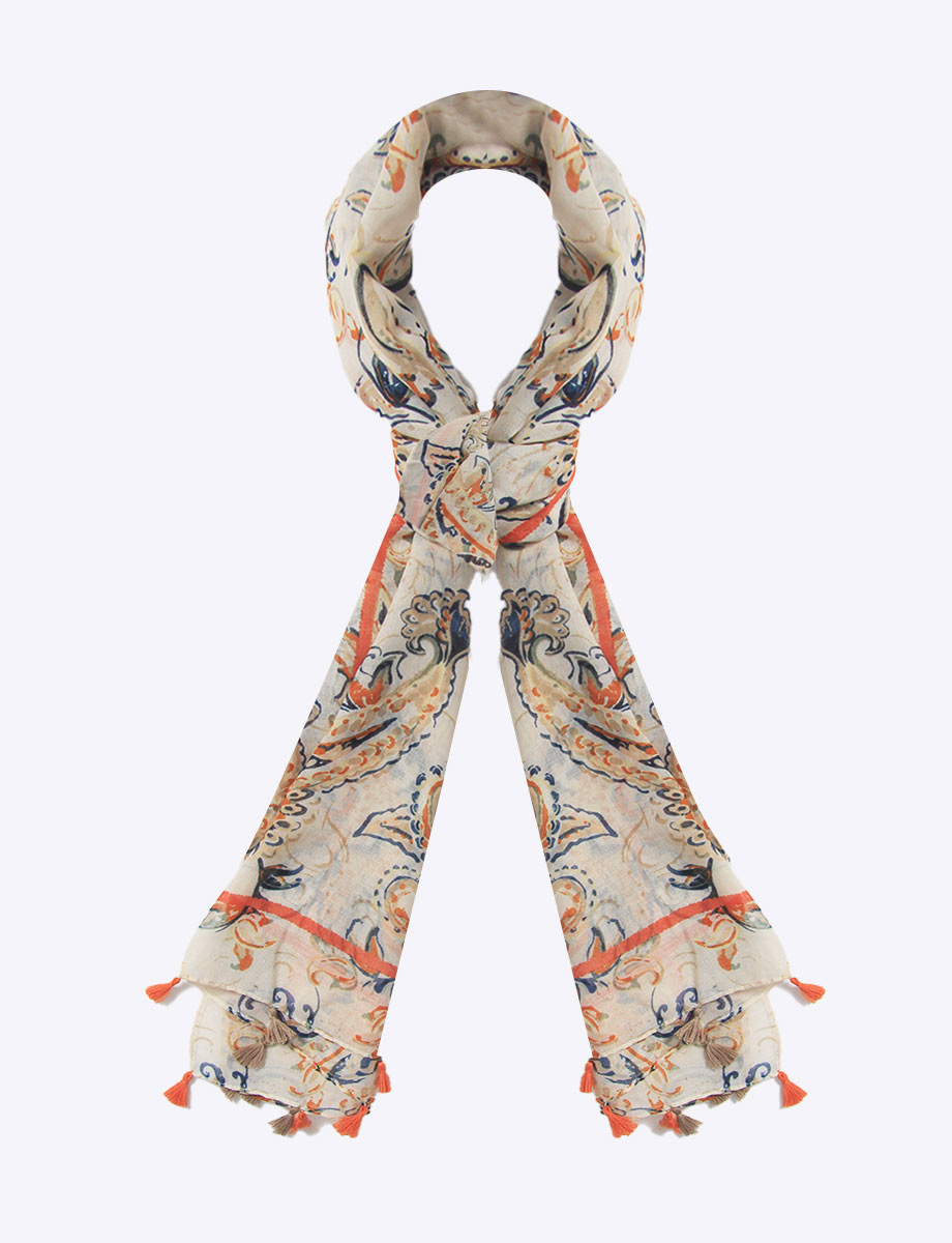 Lightweight Paisley Print Oblong Scarf With Tassel Trim By Janie Basner