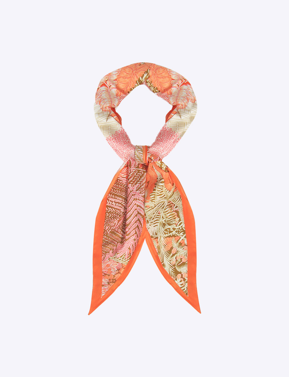 Elegant Lightweight Satin-finish Leaves Print Triangle Scarf By Saki