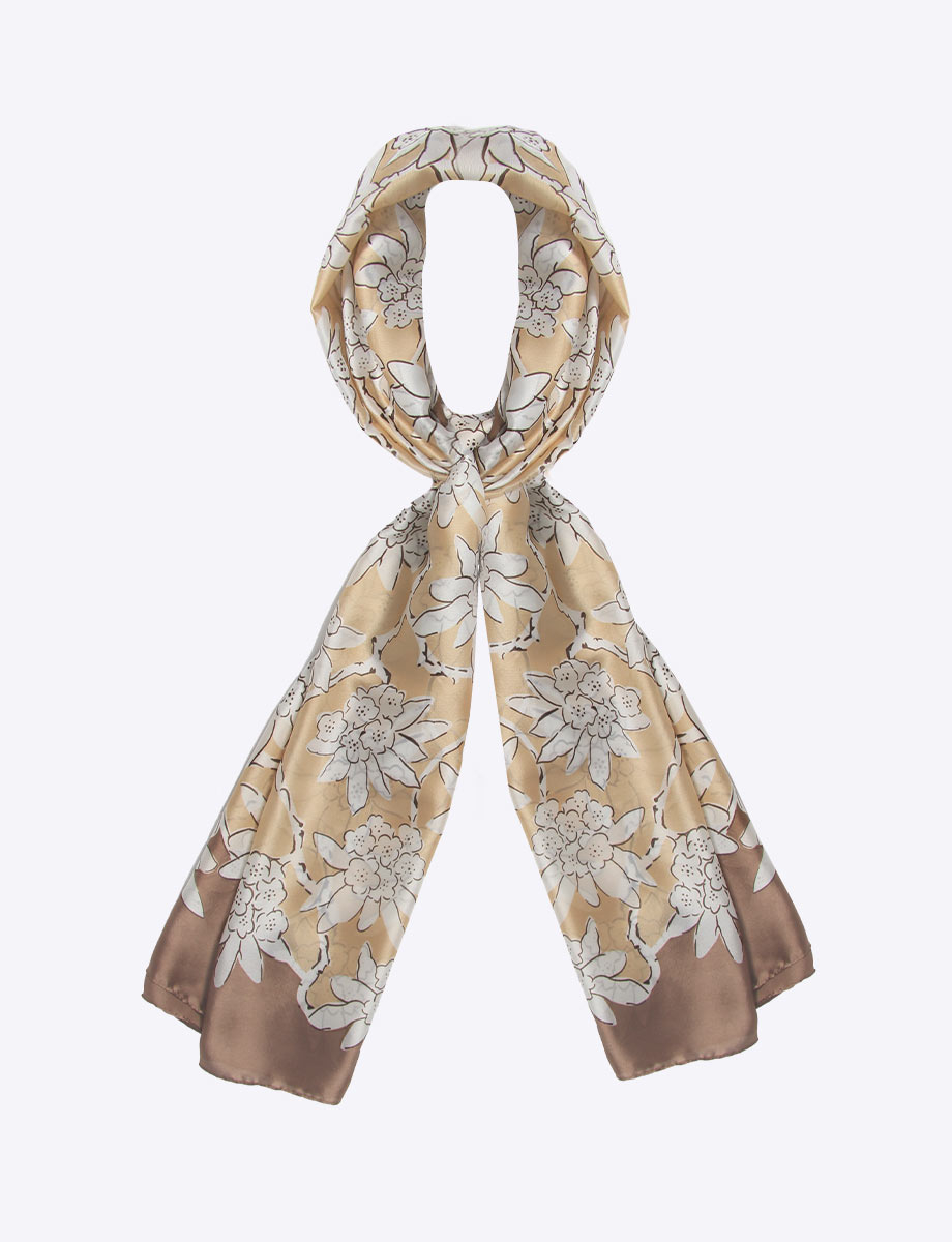 Elegant Oblong Beige Satin-Finish Printed Scarf by Saki