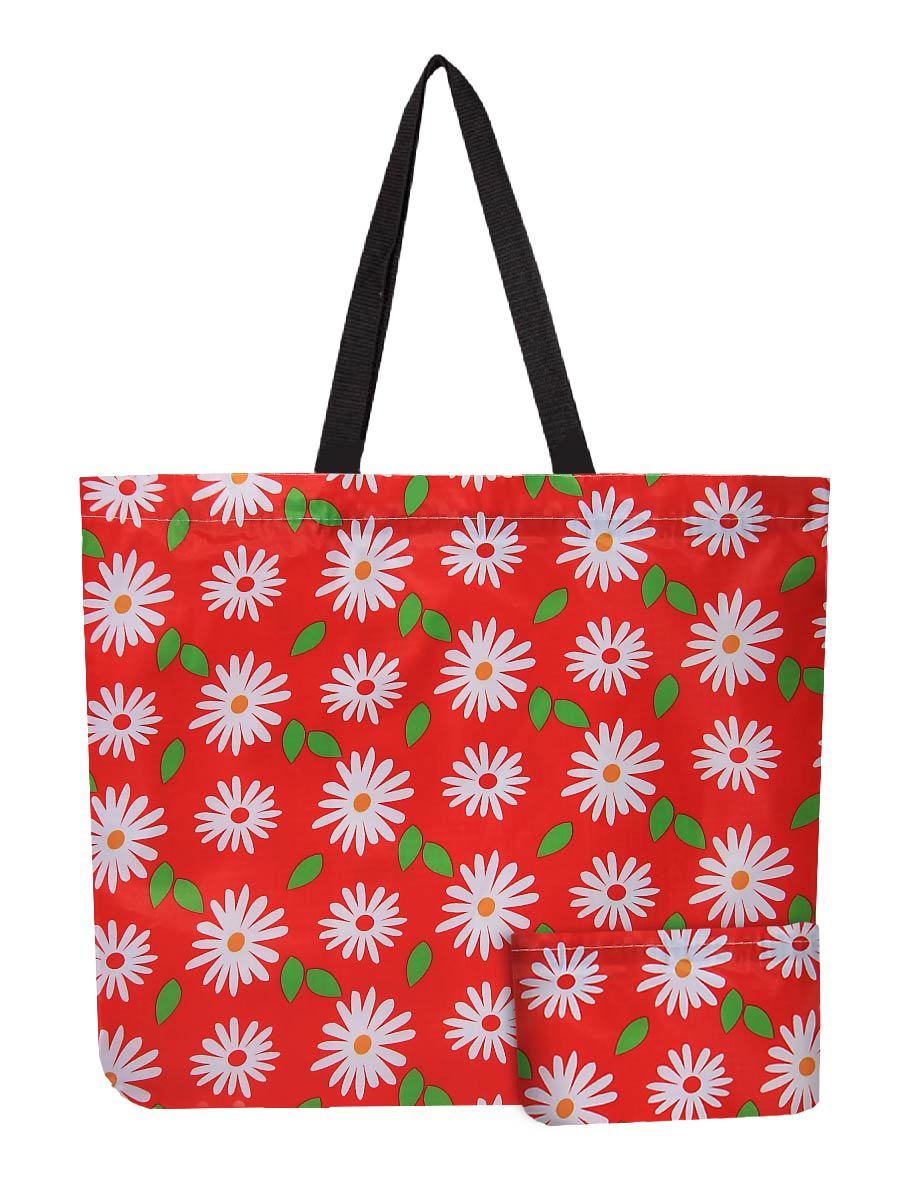 Reusable Foldable  Daisy Print Red Tote - Lightweight Recycled Shopping Bag