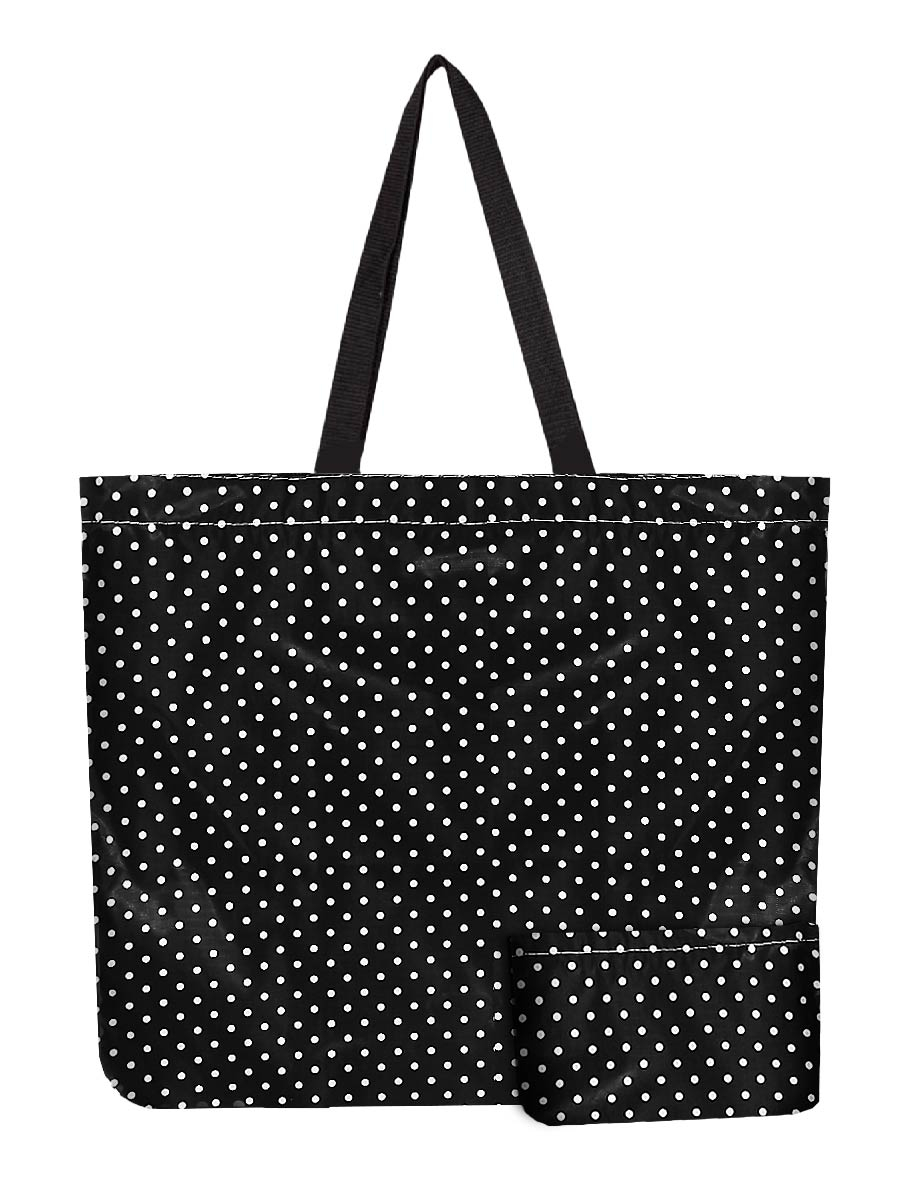 Reusable Foldable Black Dotted Print Tote - Lightweight Recycled Shopping Bag