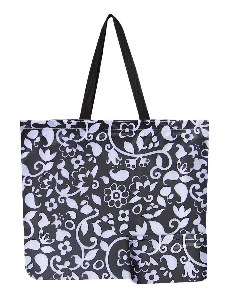 Reusable Foldable Black Leaf Print Tote - Lightweight Recycled Shopping Bag