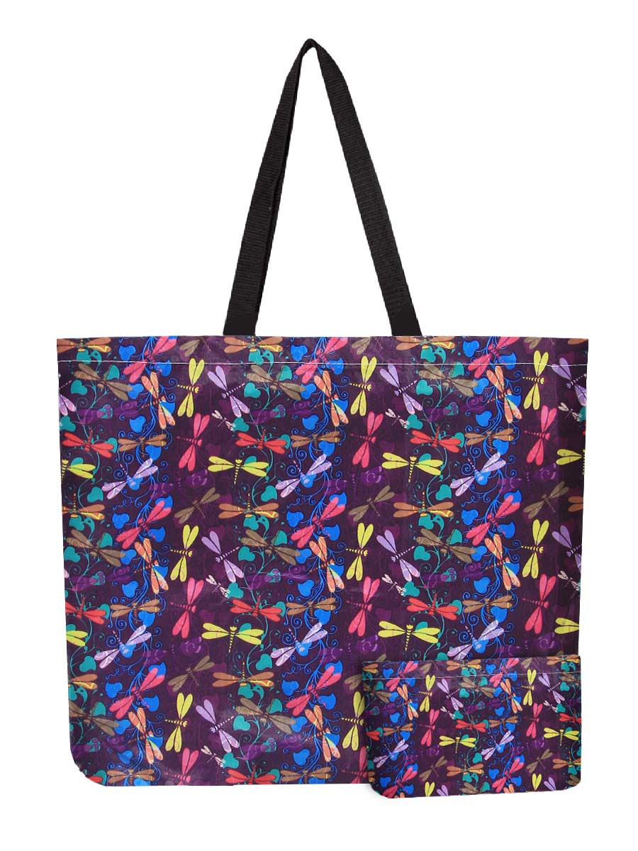 Reusable Foldable Dragonfly Print Tote - Lightweight Recycled Shopping Bag