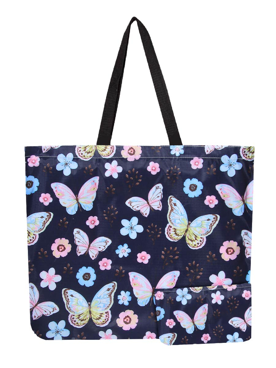 Reusable Foldable Butterfly Print BlackTote - Lightweight Recycled Shopping Bag