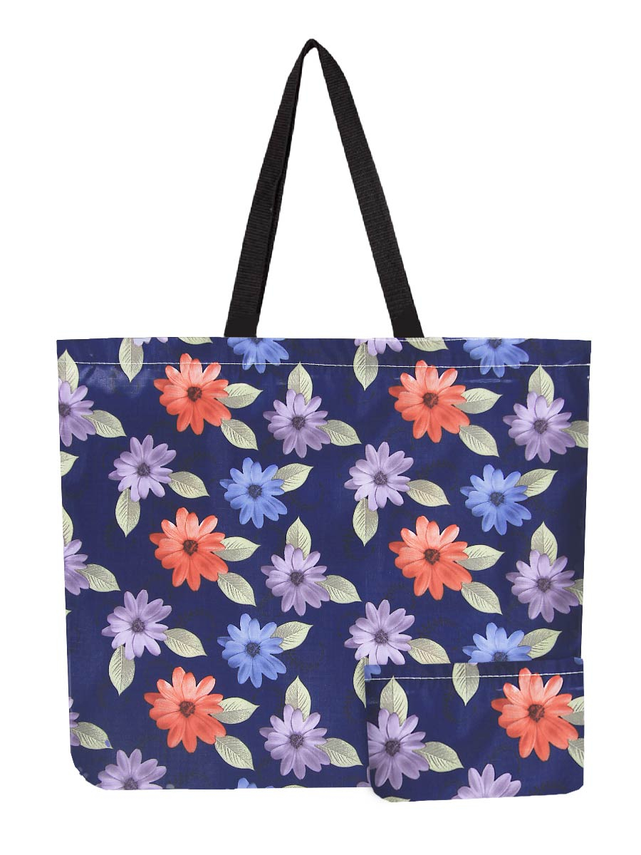 Reusable Foldable Floral Print Navy Tote - Lightweight Recycled Shopping Bag