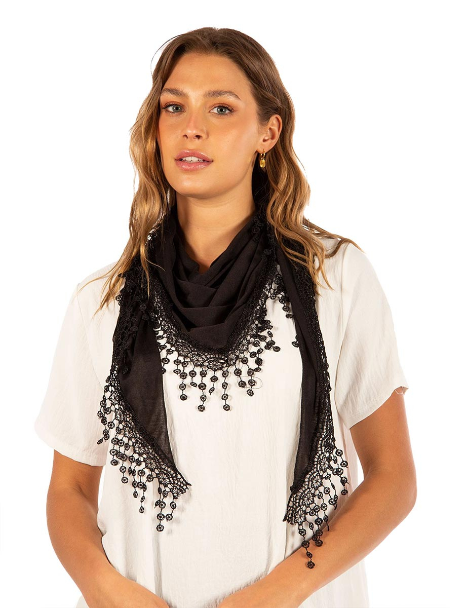 Silky Soft Novelty Triangle Luxe Scarf with Lace Fringes By Saki