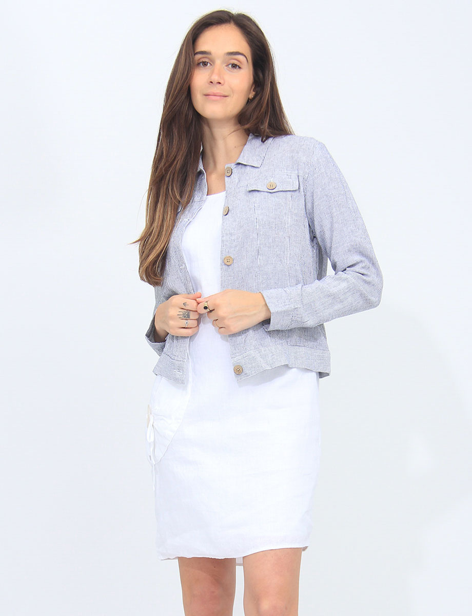 Linen Blend Trucker Jacket With Patch Pockets By Dash Clothing