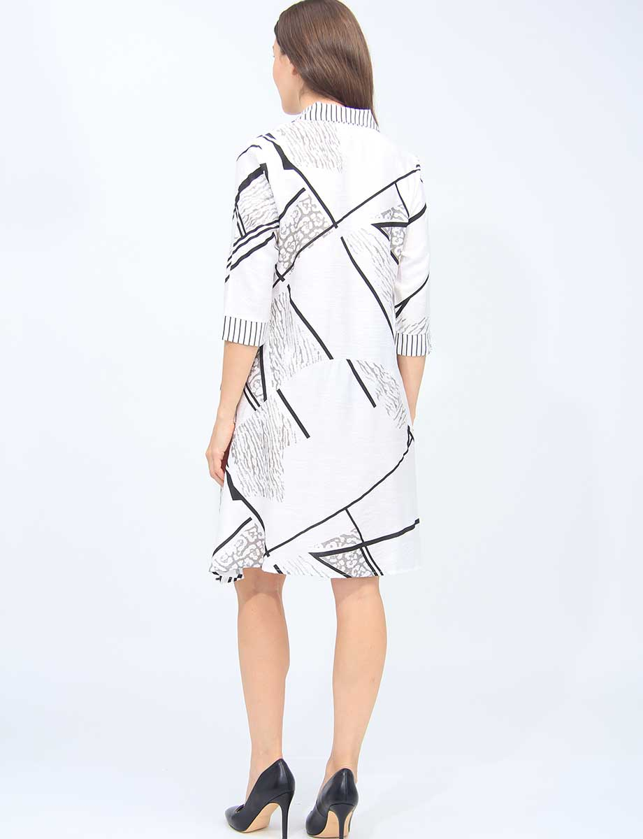 Chic Black and White Abstract Print Three-quarter Sleeve Shirt Dress by Radzoli