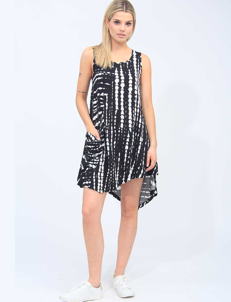 Asymmetrical Sleeveless Black and White Patch Pocket  Dress By Fashion Concepts