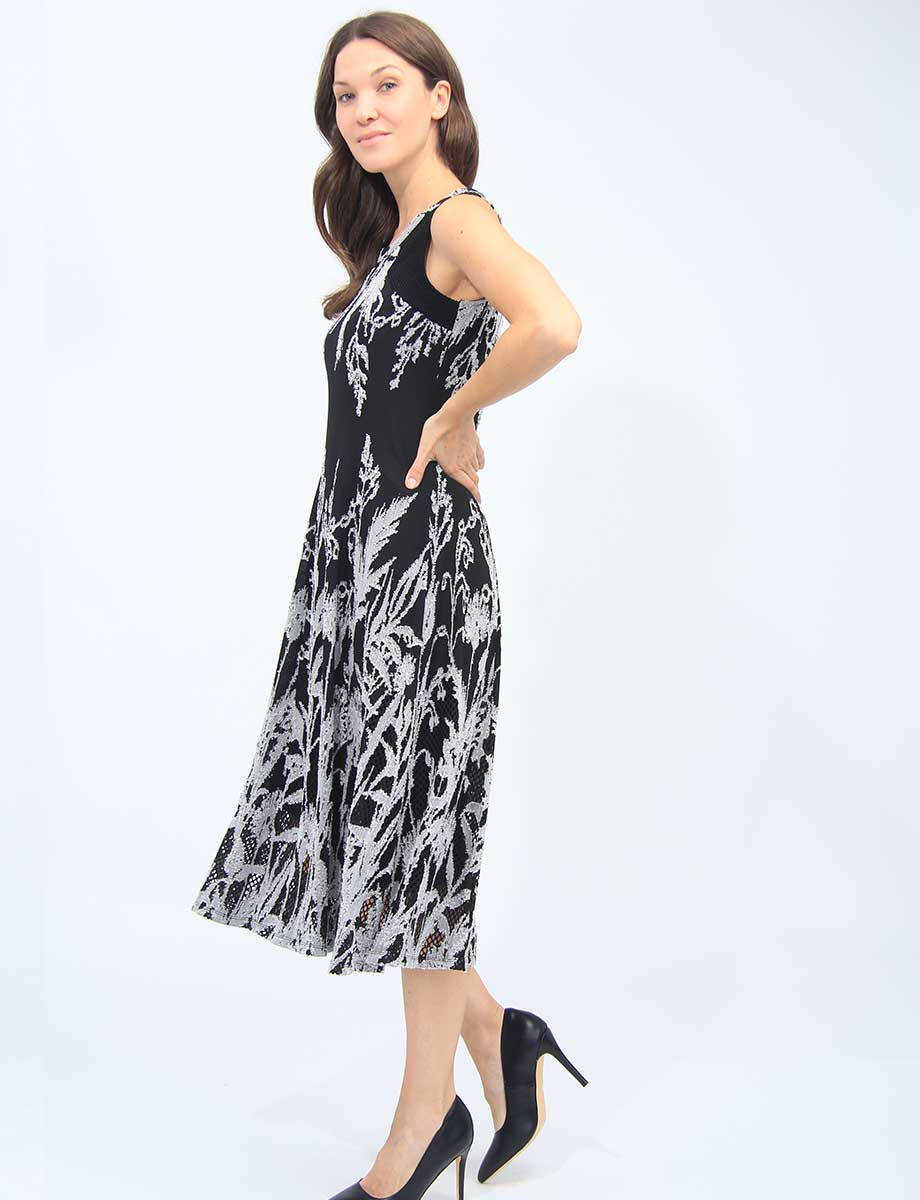 Black and White Sleeveless Jacquard Midi A-Line Dress With Mesh Detail By Cativa