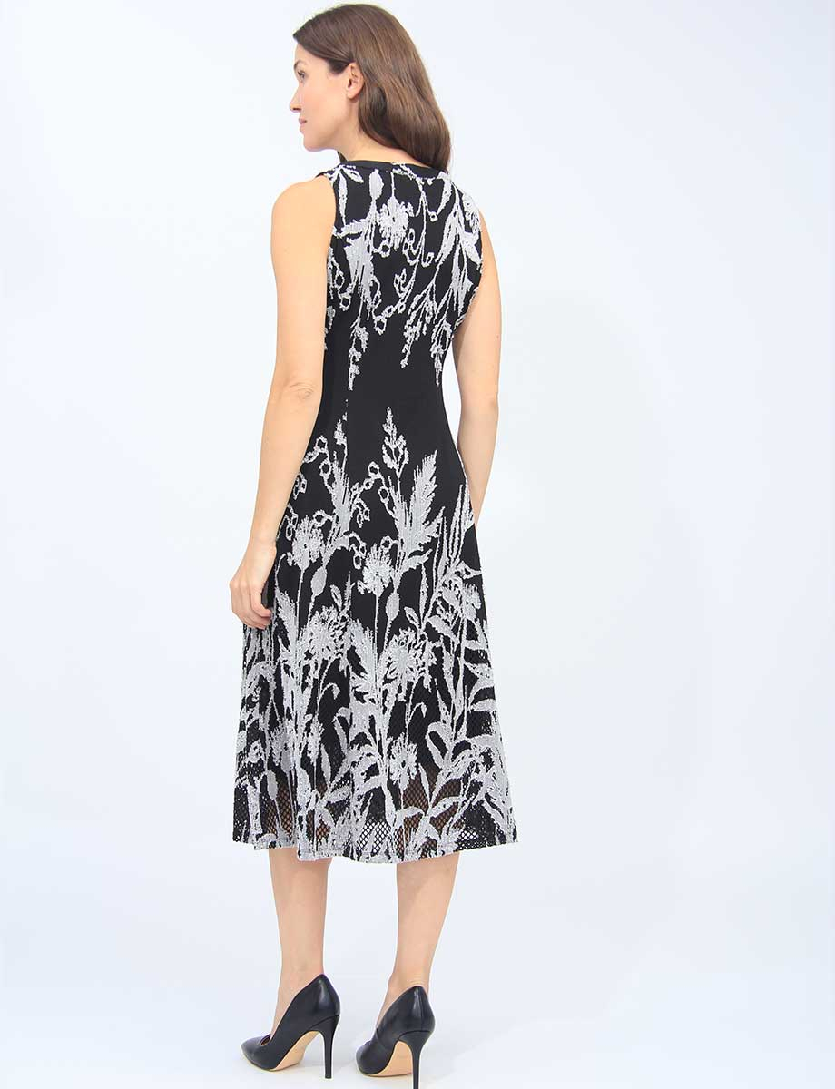 Black and White Sleeveless Jacquard Midi A-Line Dress With Mesh Detail By Cativa