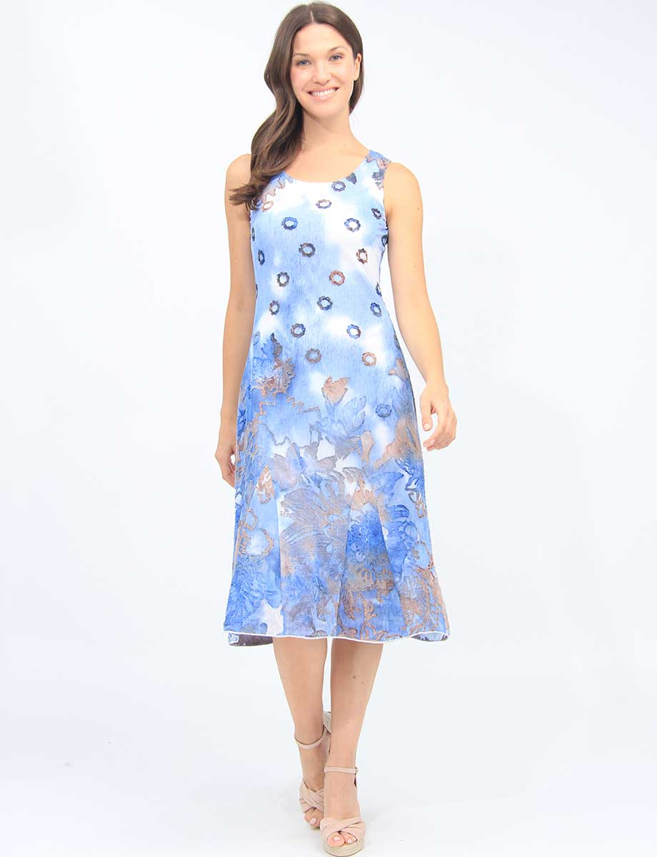 Elegant Sleeveless Blue Watercolor Print Jacquard A-Line Midi Dress By Cativa