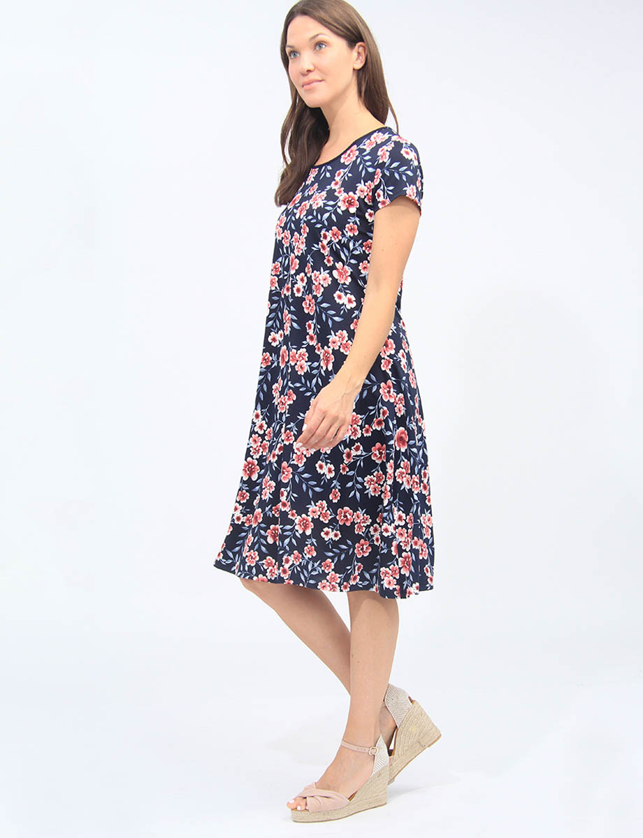 Navy A-Line Floral Print Short Sleeves Dress By Vamp