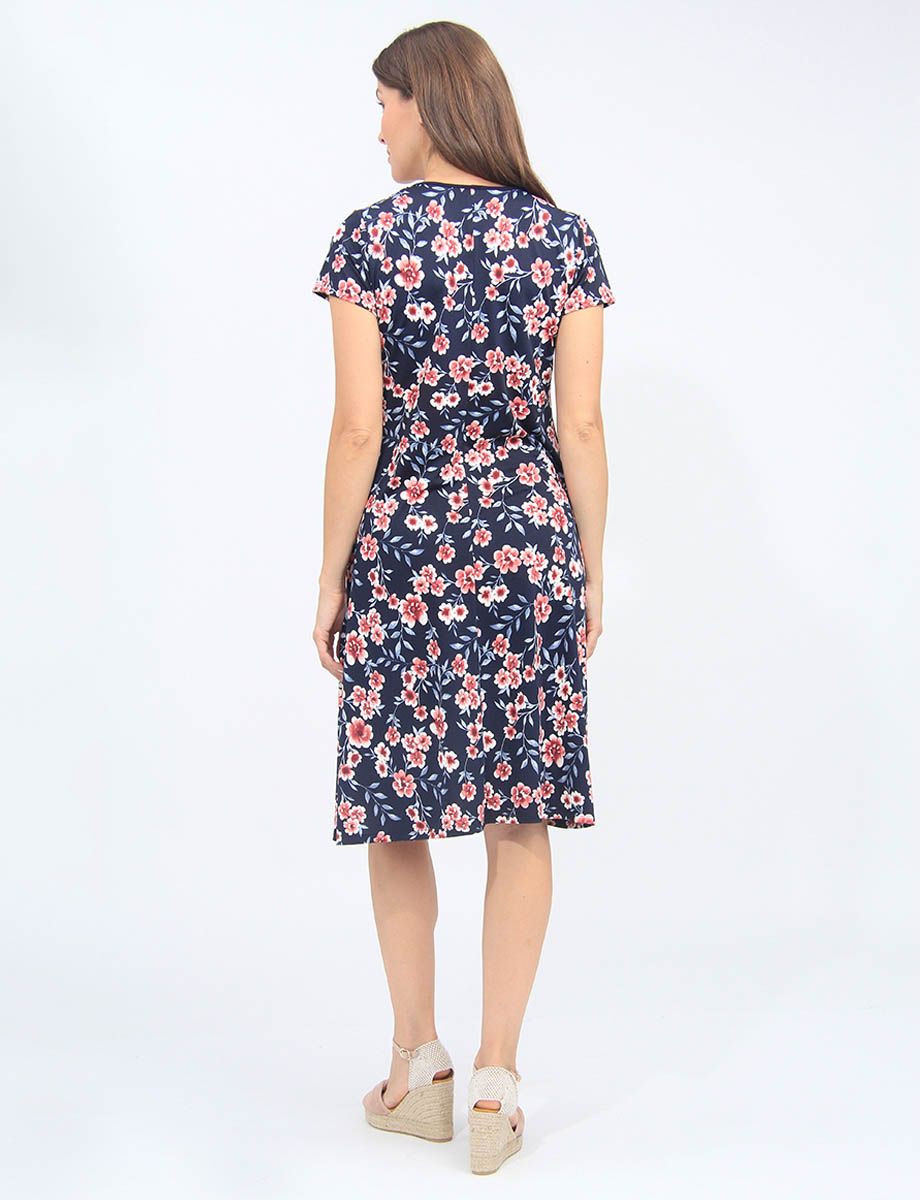 Navy A-Line Floral Print Short Sleeves Dress By Vamp