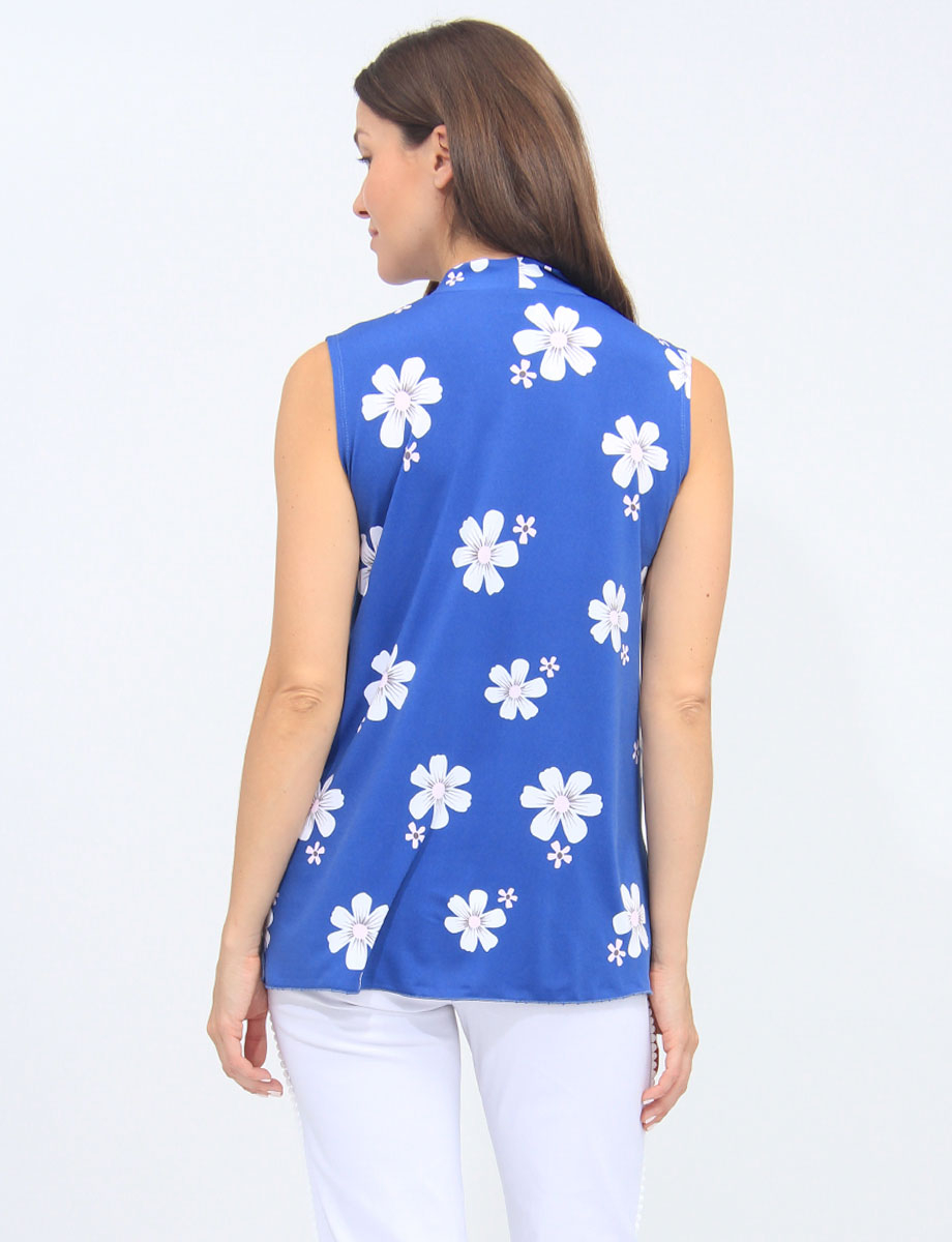 Blue And White A-line Pleated Front Floral Sleeveless Top By Vamp