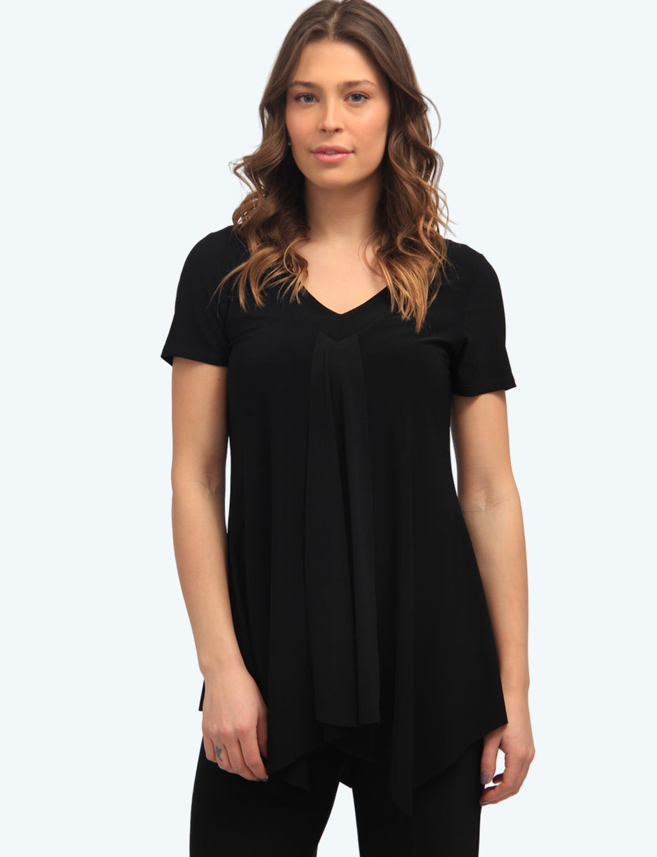Short Sleeve V-Neck Frill Top with Asymmetrical Pointed Hemline by Amani Couture