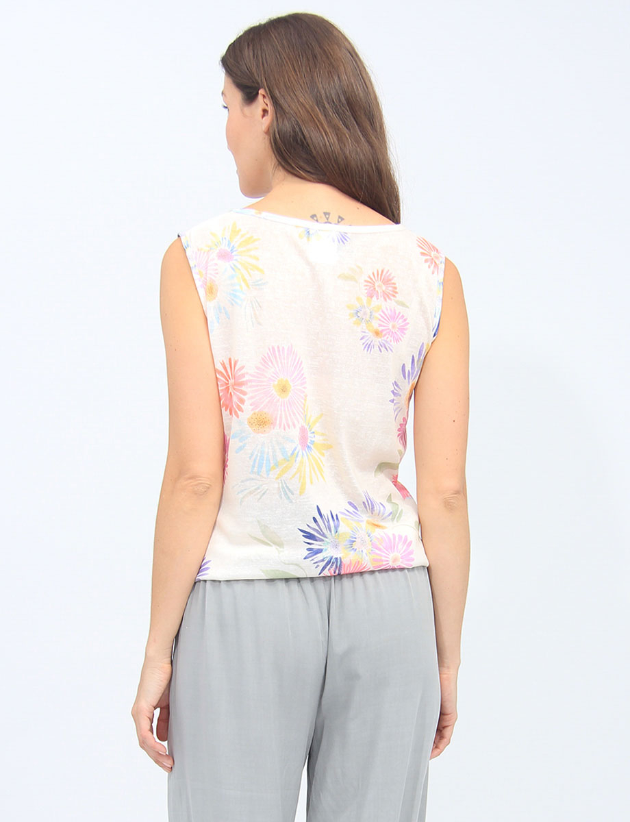 Floral Knot-Front Sleeveless V-neck Tank Top By Devia