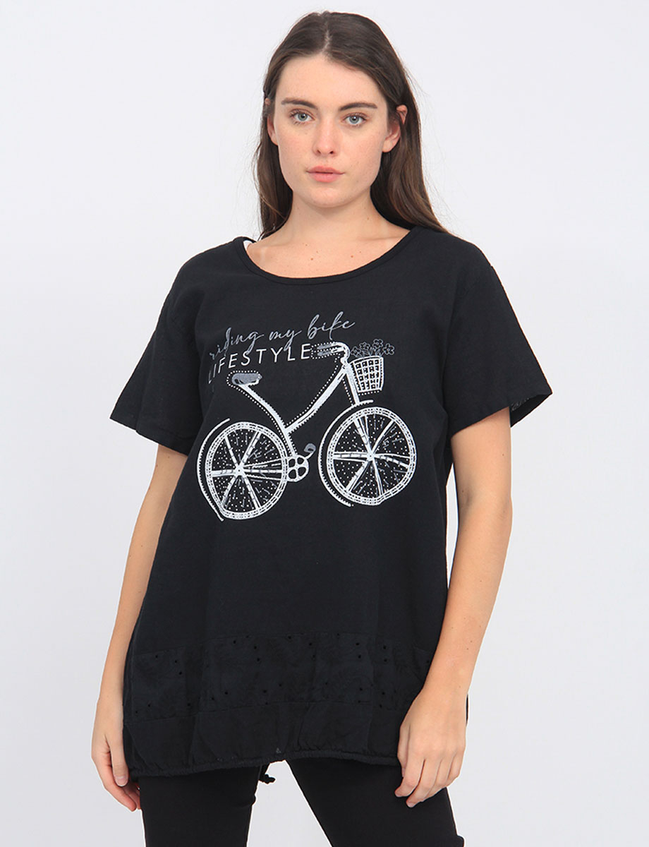Linen Blend Bicycle Print Short Sleeve Rhinestones and Lace Top By Froccella