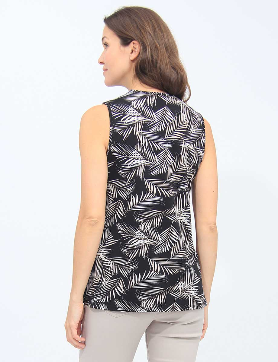 Palm Tree Leaf Print Pleated Front V-Neck Sleeveless Blouse By Mandy Evans