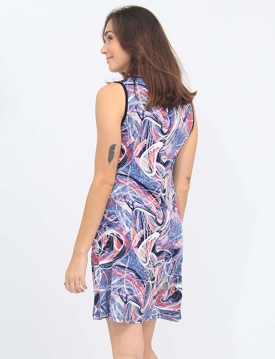 Sleeveless Abstract Print Navy Trim V-neck Dress By Amani Couture