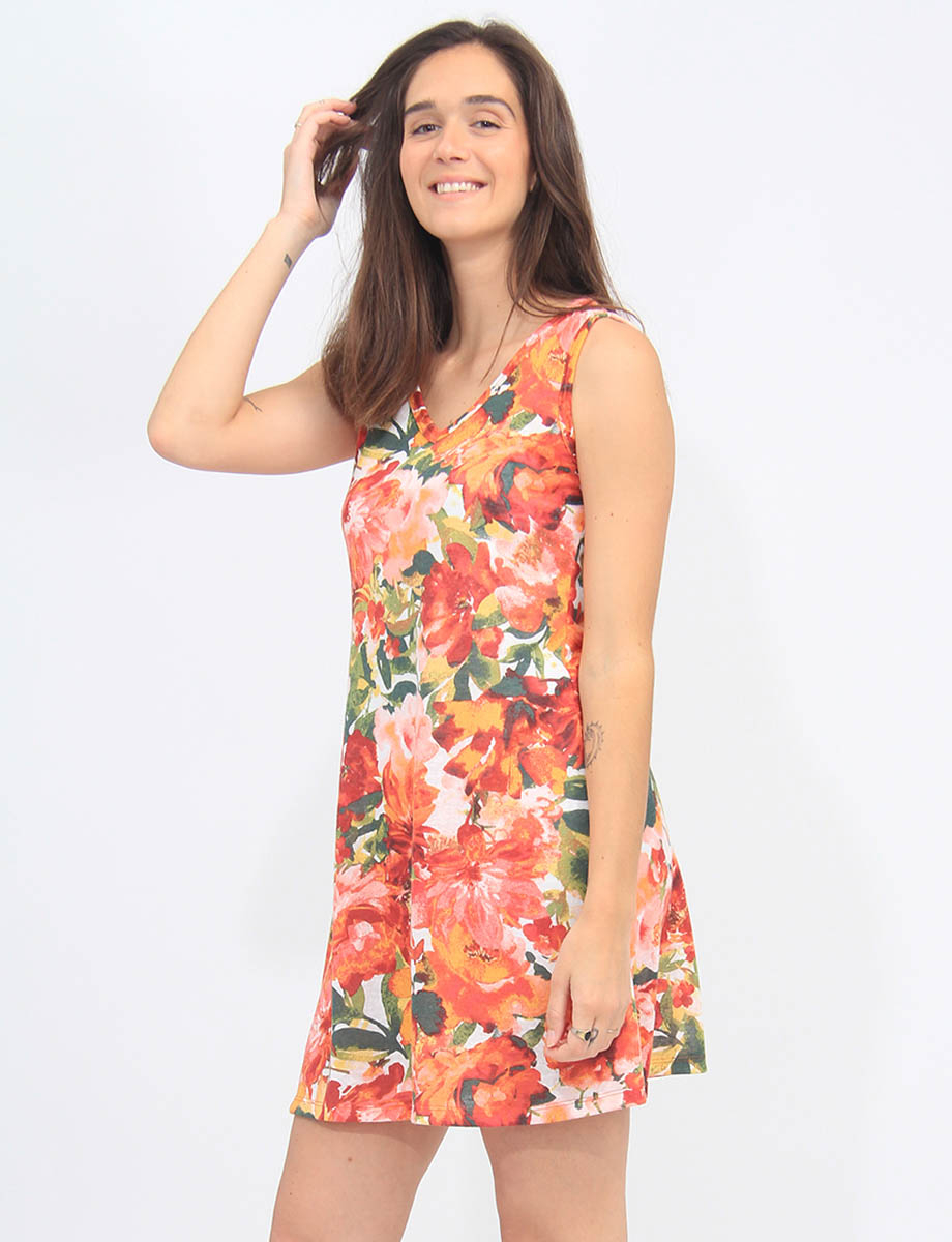 Sleeveless Orange Floral Print Knit V-neck Summer Dress By Amani Couture