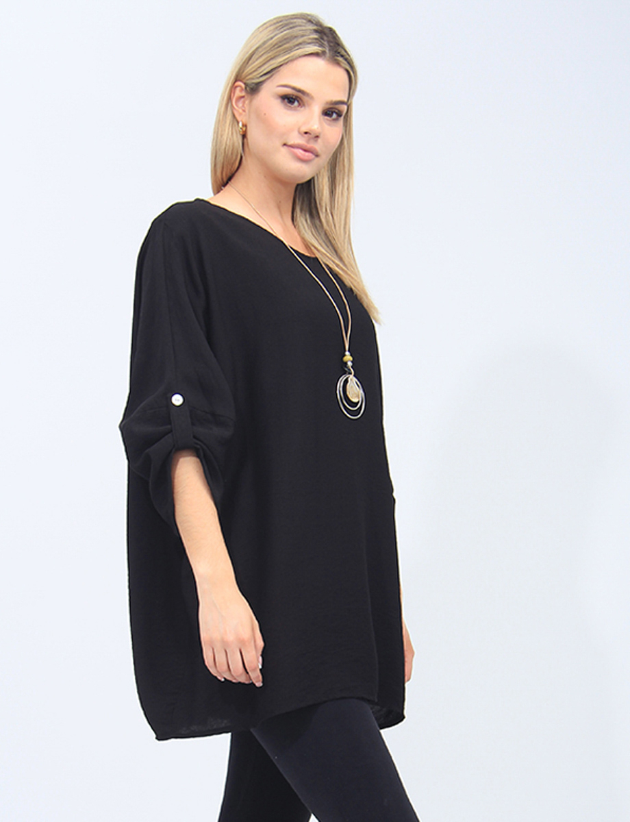 Solid, Flowy Italian Blouse With Adjustable Sleeves And Necklace By Froccella