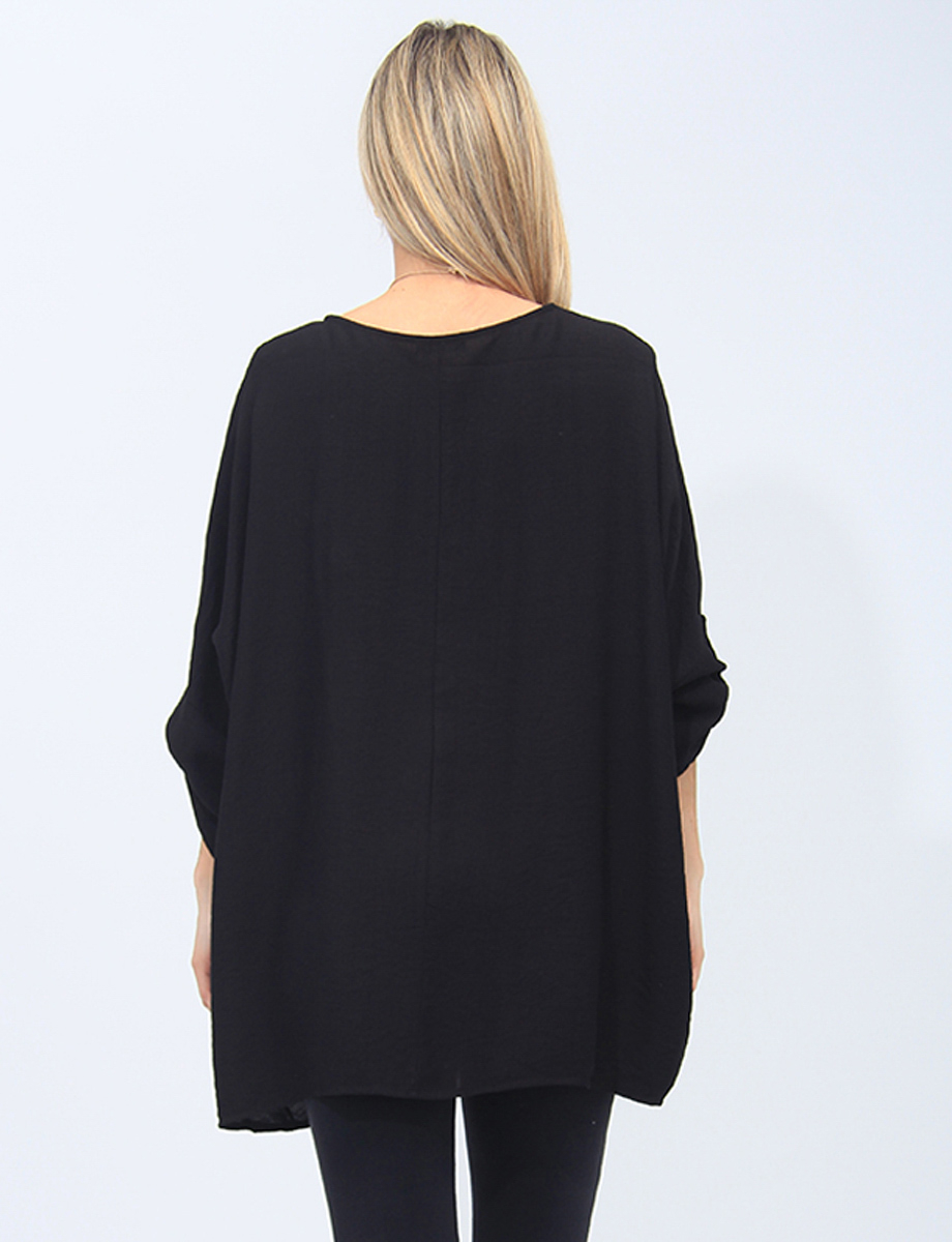 Solid, Flowy Italian Blouse With Adjustable Sleeves And Necklace By Froccella