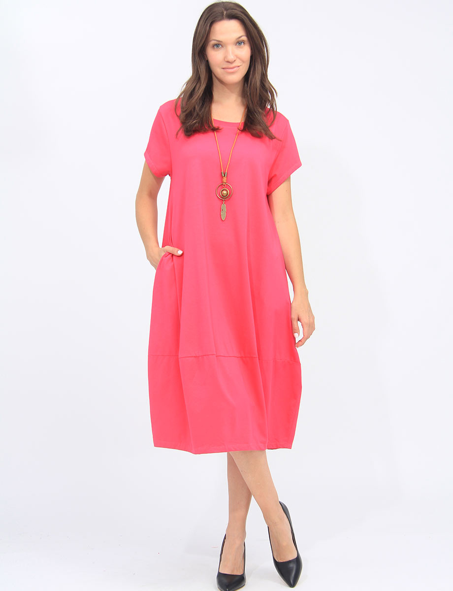 Short Sleeve Soft Cotton Round Neck Long Dress With Necklace by Froccella