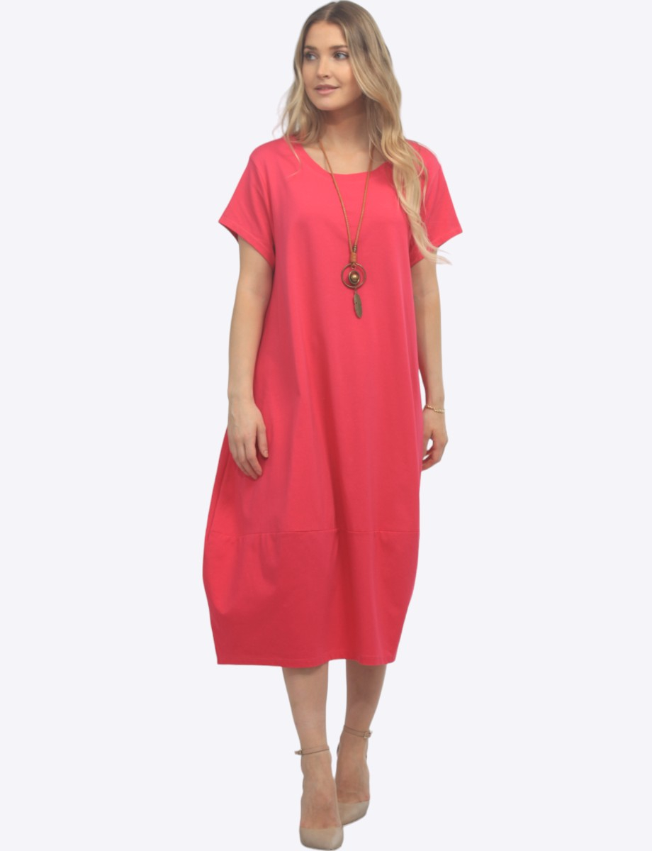 Short Sleeve Soft Cotton Round Neck Long Dress With Necklace by Froccella