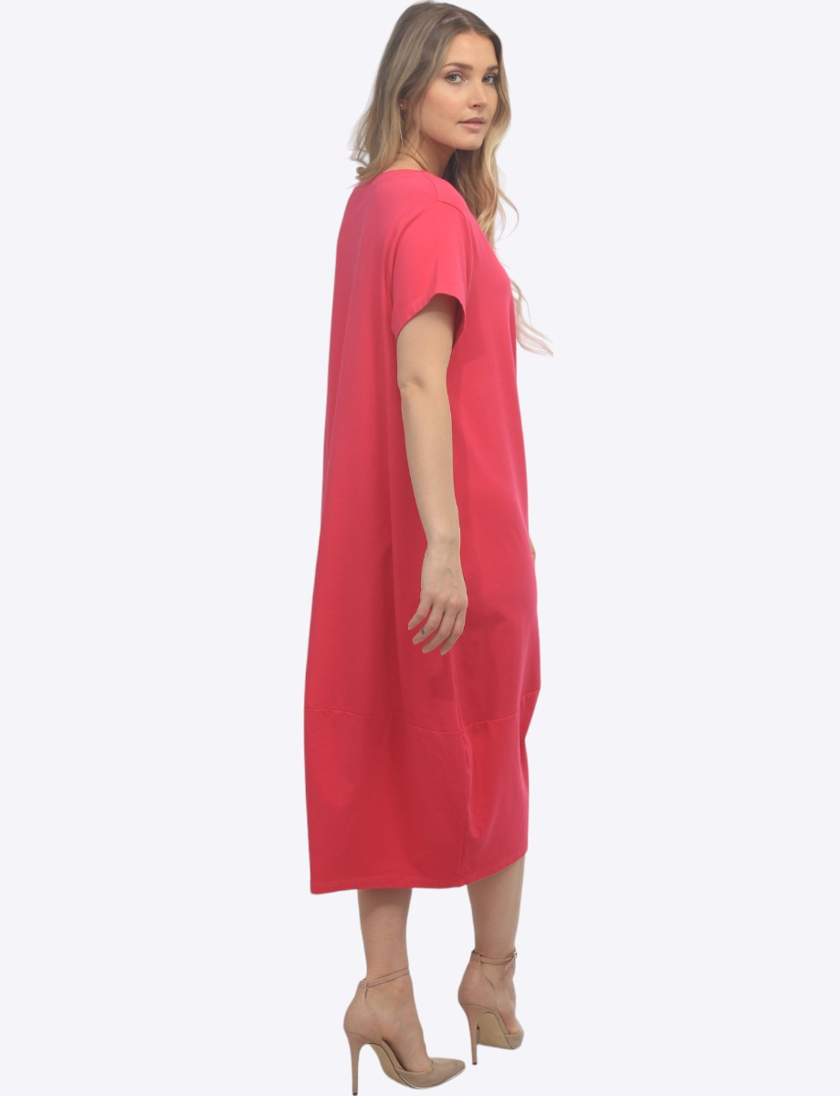 Short Sleeve Soft Cotton Round Neck Long Dress With Necklace by Froccella