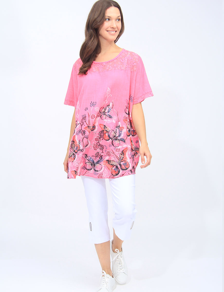 Lace Trim Butterfly Floral Print Cotton Short Sleeve Tunic By Froccella