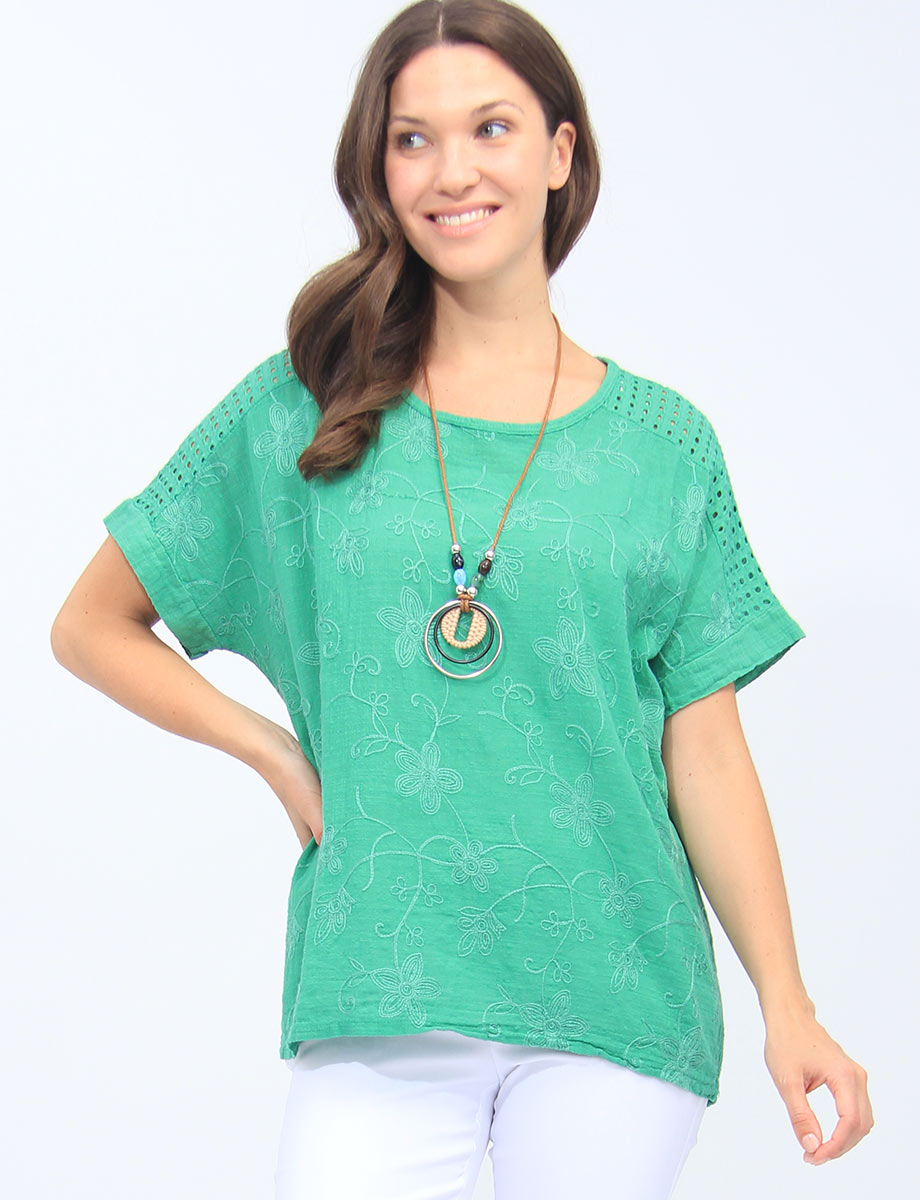Embroidered Floral Cotton Perforated Shoulder Tunic With Necklace By Froccella