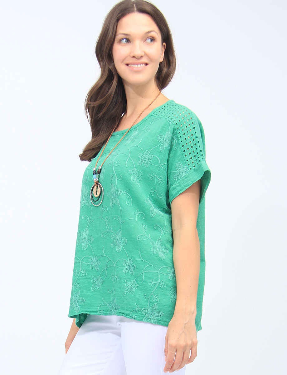 Embroidered Floral Cotton Perforated Shoulder Tunic With Necklace By Froccella