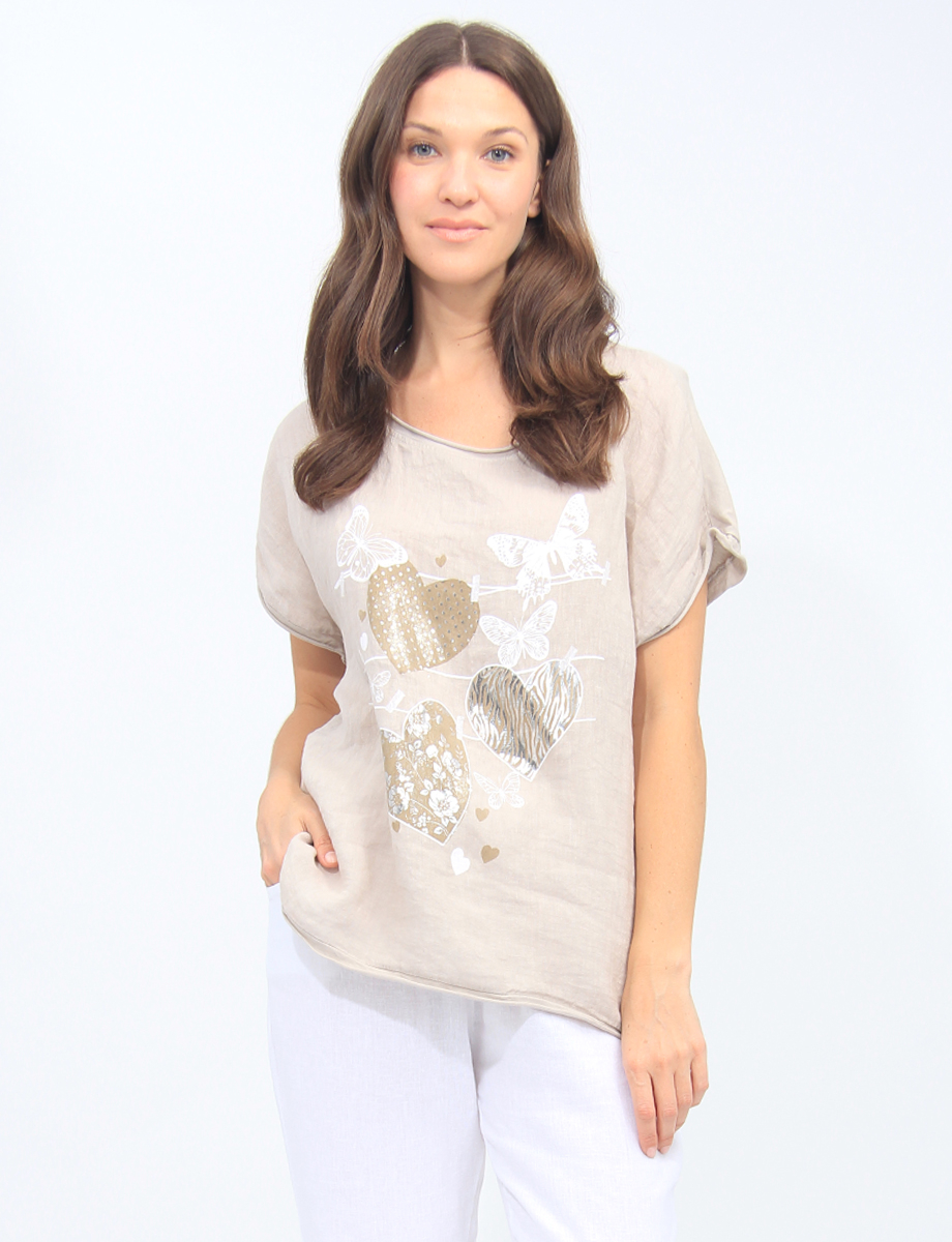 Linen Blend Metallic Heart and Butterfly Print Short Sleeve Top by Froccella