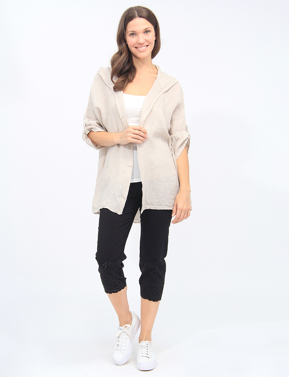 Hooded Linen Open Front Dolman Sleeve Cover-up by Froccella