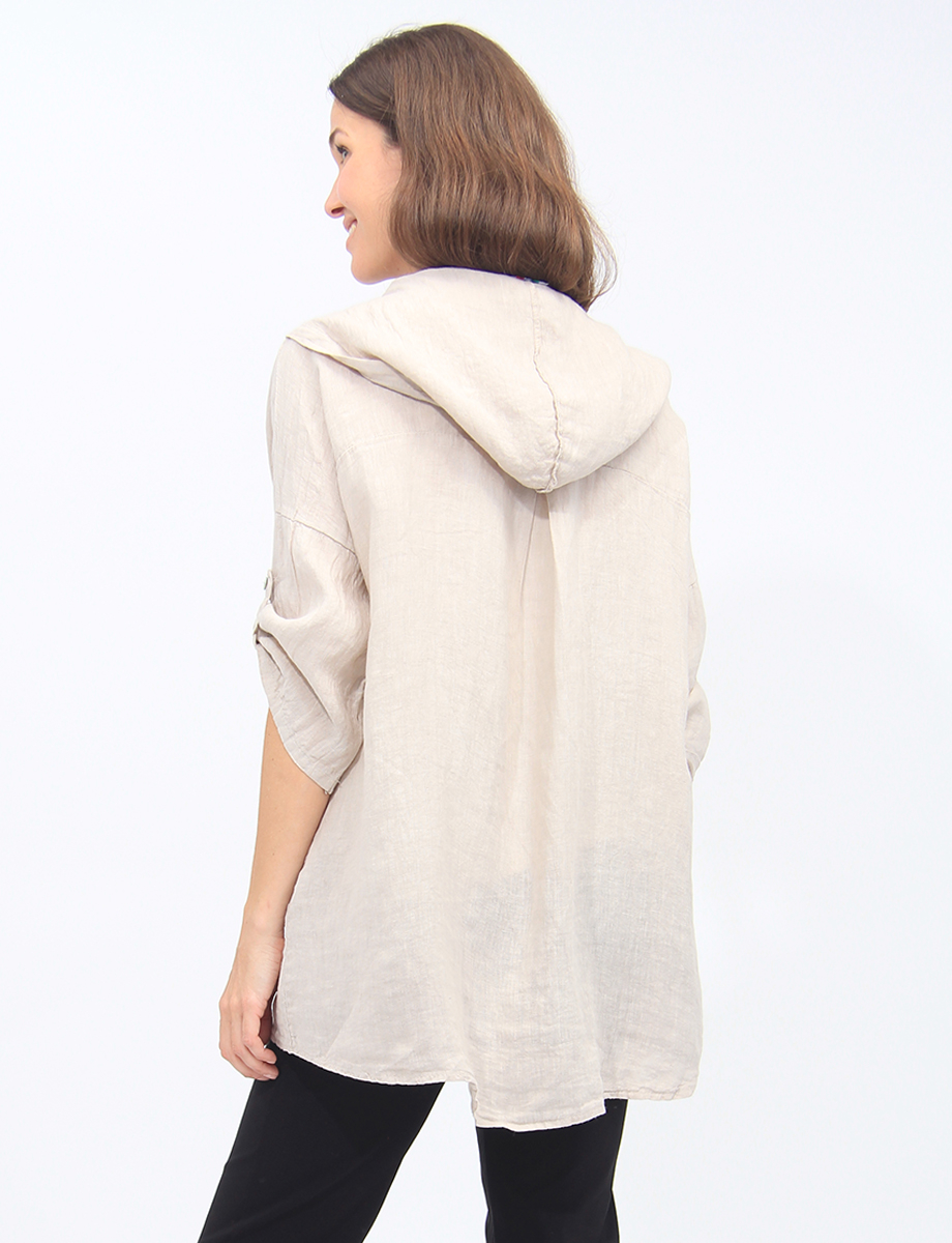 Hooded Linen Open Front Dolman Sleeve Cover-up by Froccella