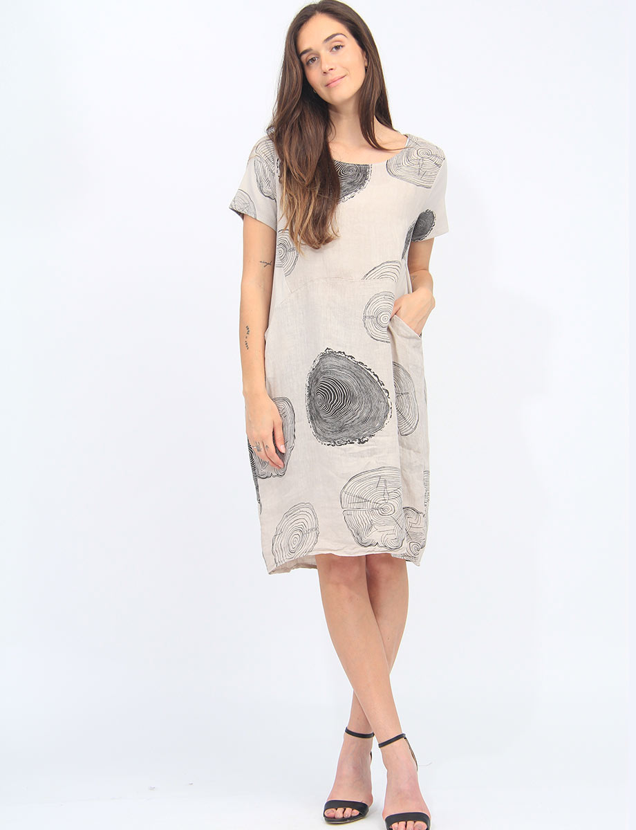 Circle Tree Trunk Print Linen Short Sleeves Knit Sides Cutout Dress by Froccella