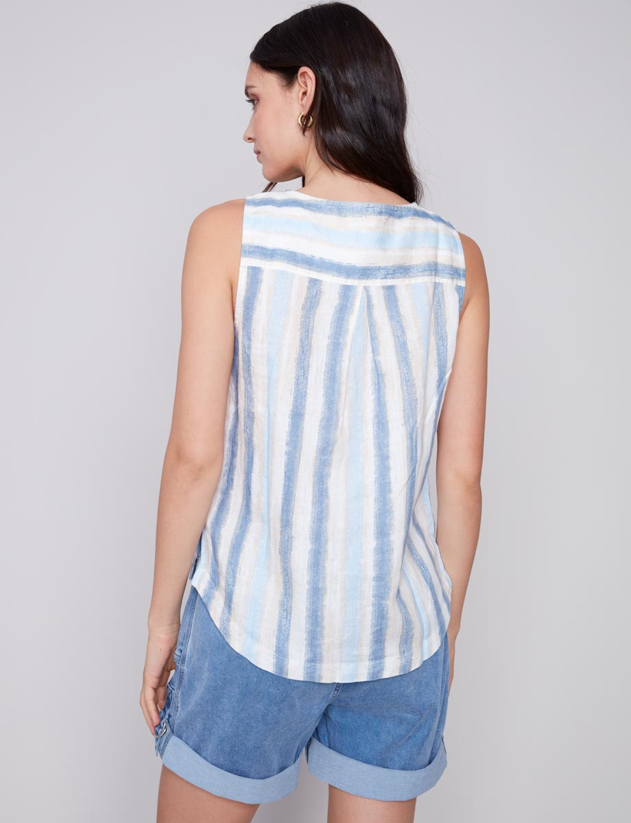 Striped Sleeveless Linen Top With Side Buttons By Charlie B