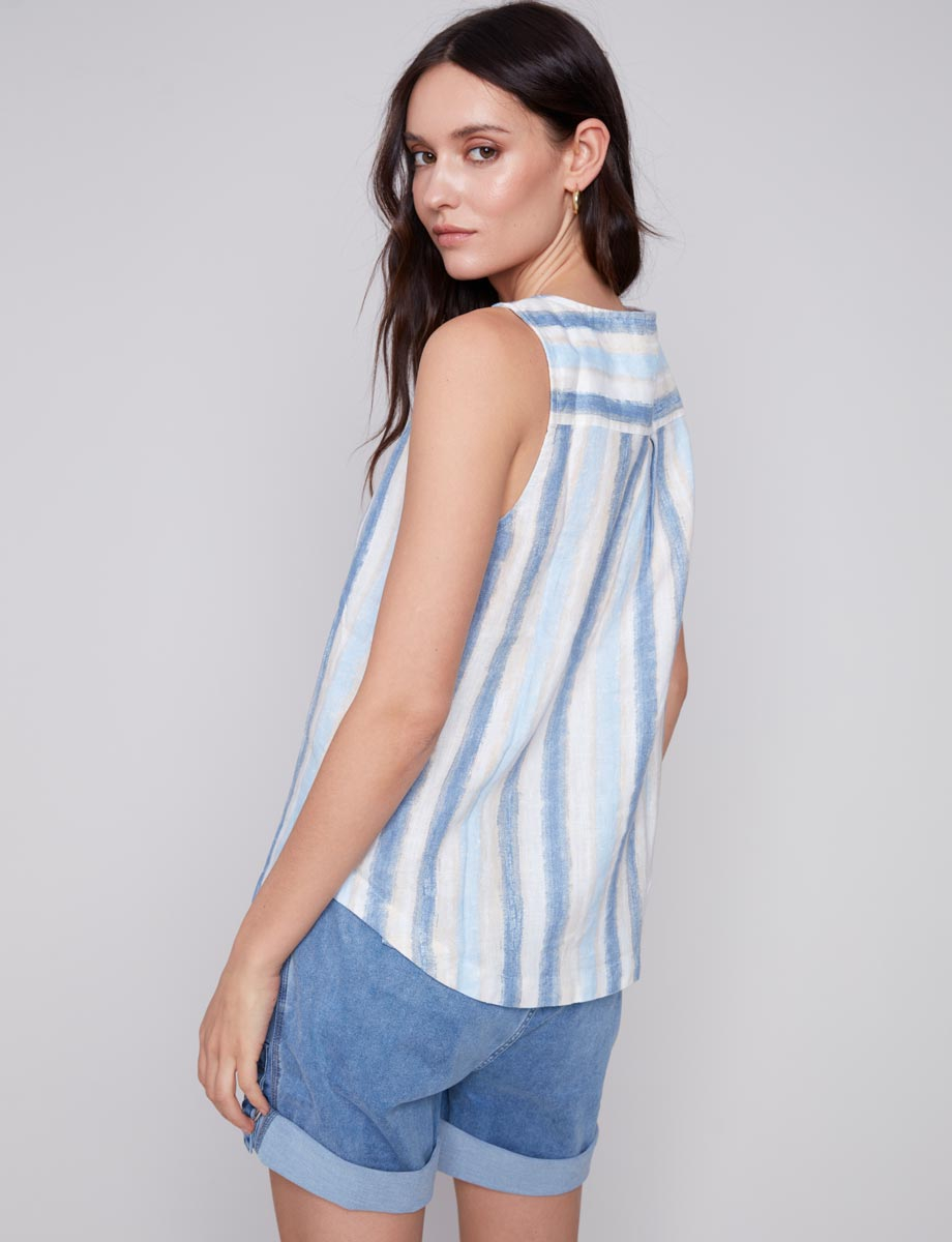 Striped Sleeveless Linen Top With Side Buttons By Charlie B