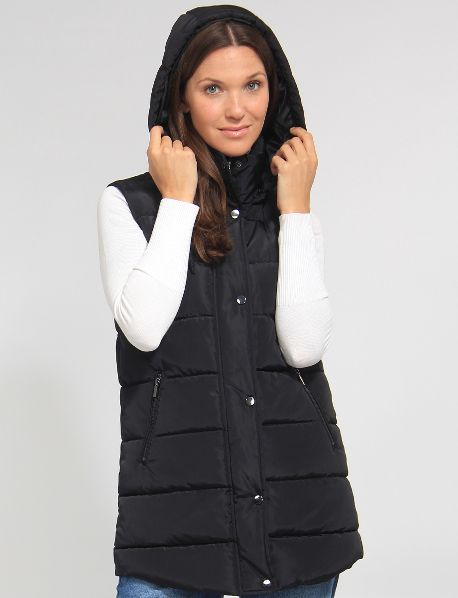 Versatile Detachable Hood Zip Front Long Puffer Vest by Sebby