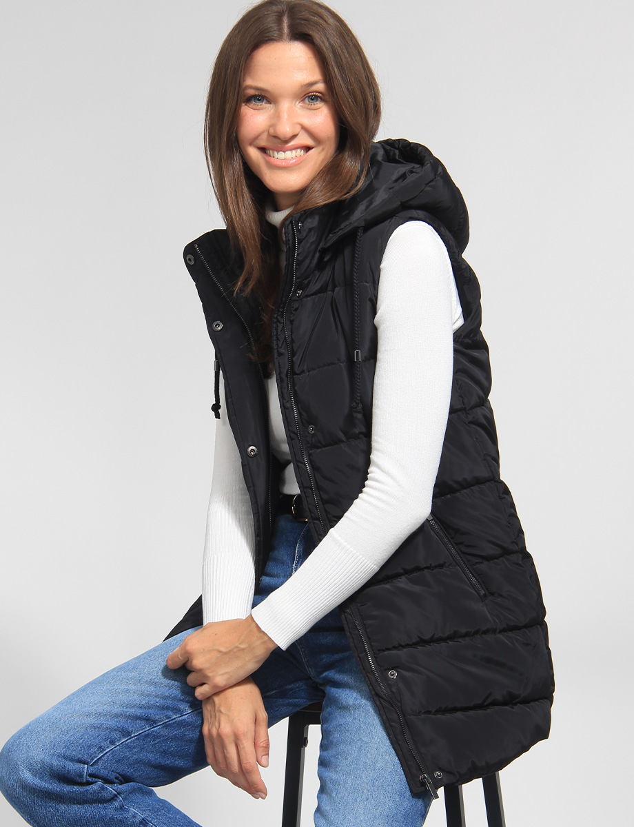 Versatile Detachable Hood Zip Front Long Puffer Vest by Sebby