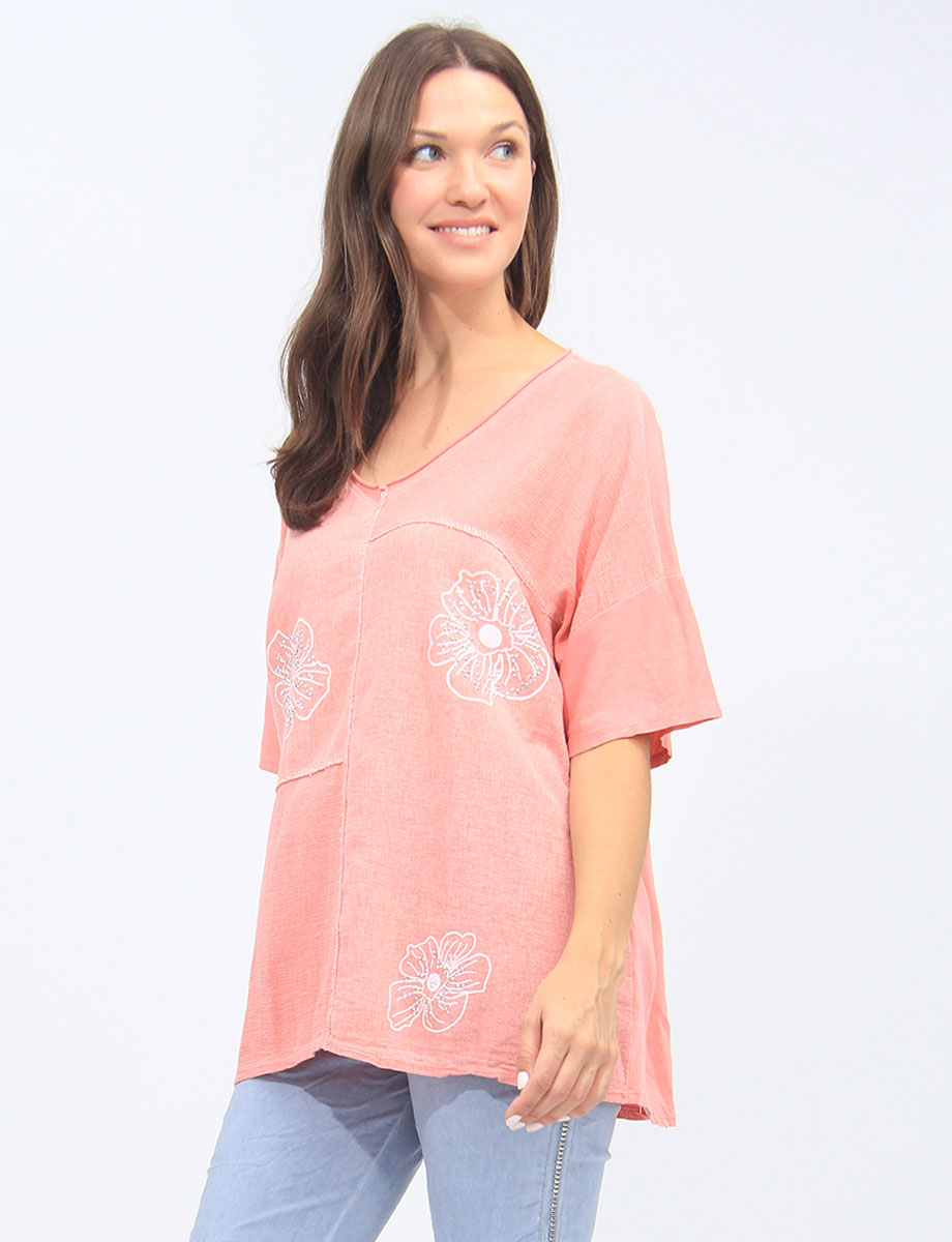 V-Neck Cotton Linen Floral Print Rhinestones Top By Froccella