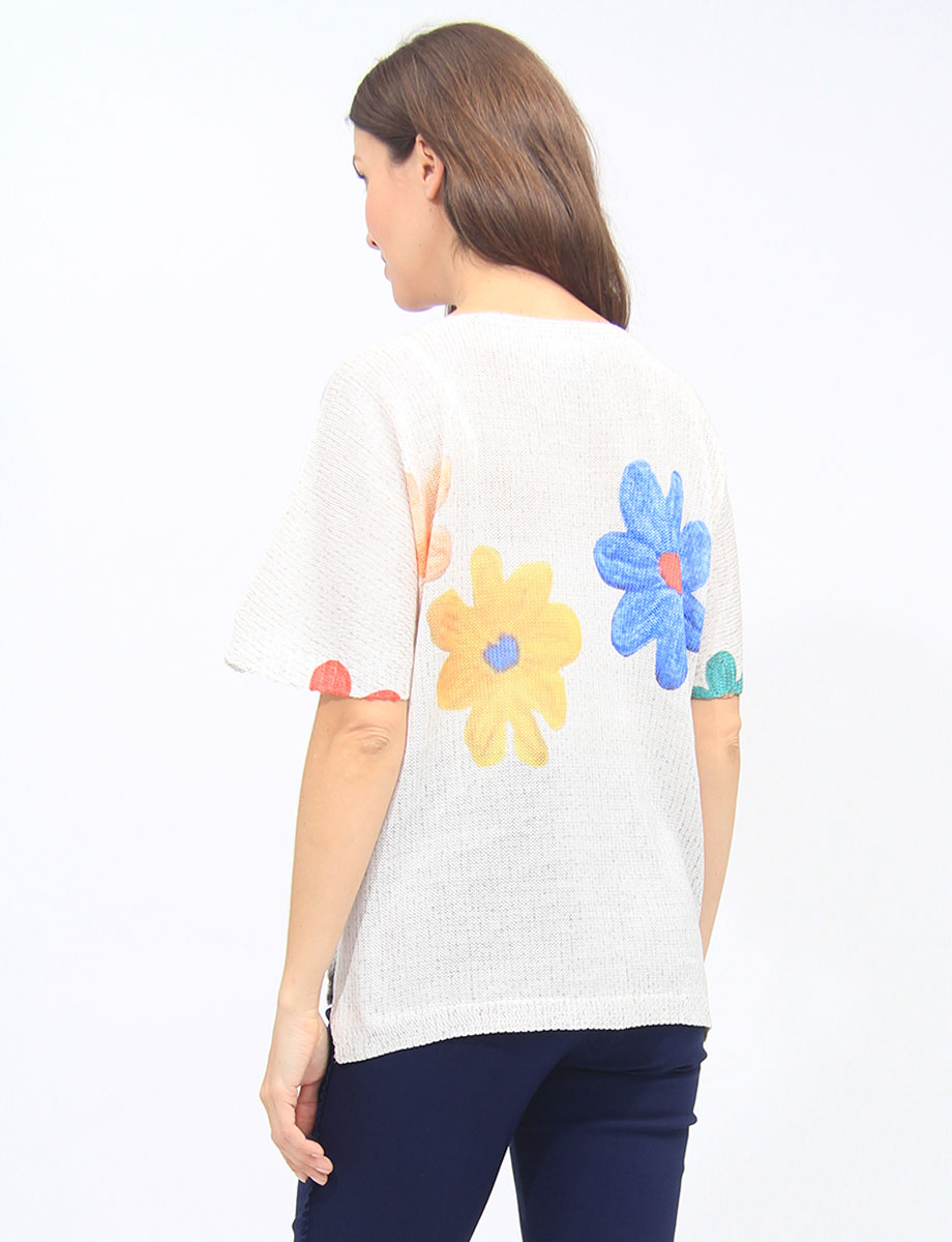 Short Sleeves Floral Print Knit Top With Side Slits By Froccella