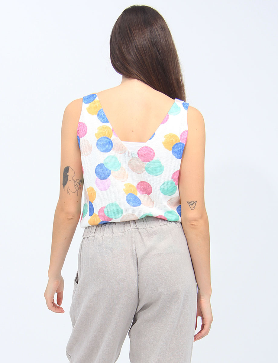 Pop Color Polka Dot Print Sleeveless V-Neck Knit Top By Froccella