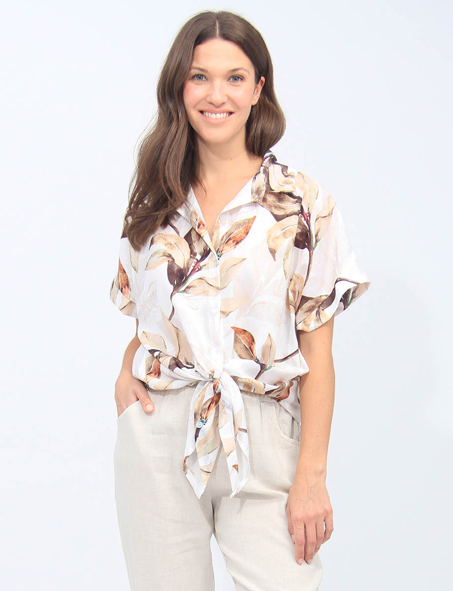 Sleek Button-down Printed Short Sleeve Rounded Hem Shirt By Froccella