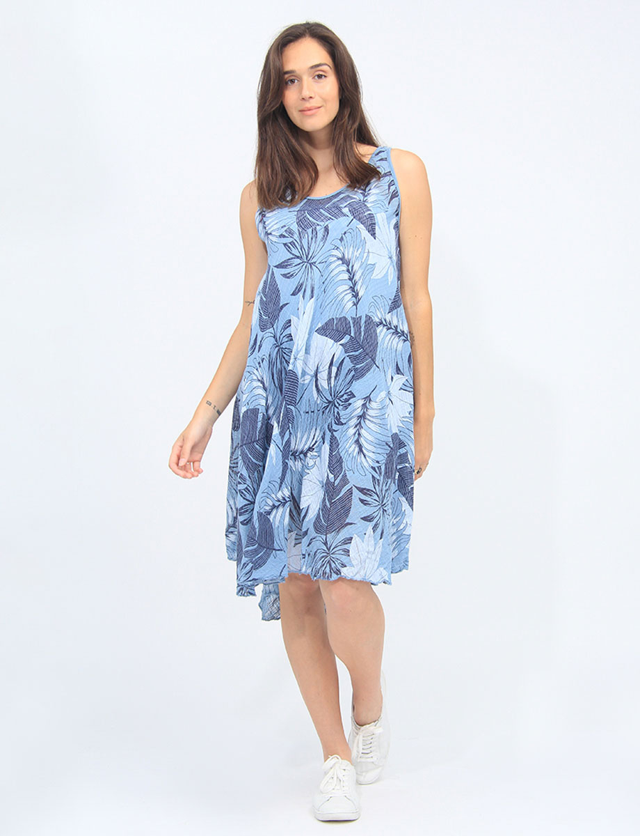 Sleeveless Cotton Tropical Leaf Print Rounded Hem Dress By Froccella